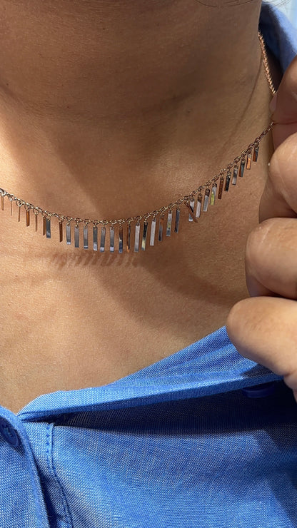 18K Rose Gold Bar Fringe Necklace - Contemporary Statement Piece 17.5 Inch