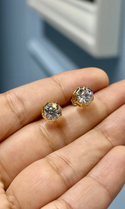 Octagon Round Solitaire Studs in Crown setting