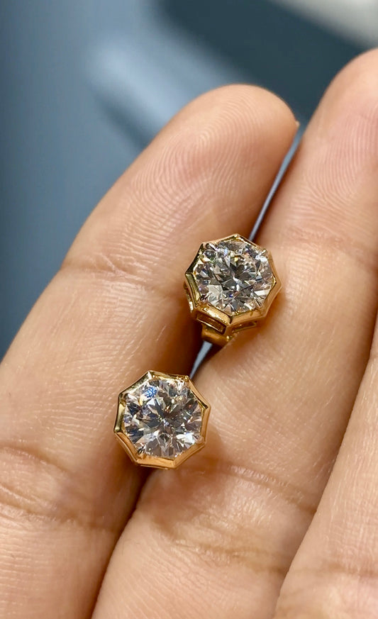 Octagon Round Solitaire Studs in Crown setting