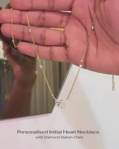 Personalised Initial Heart Mangalsutra – Diamond Station Chain, 14K Gold, Custom Name