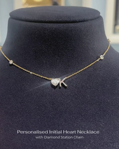 Personalised Initial Heart Mangalsutra – Diamond Station Chain, 14K Gold, Custom Name